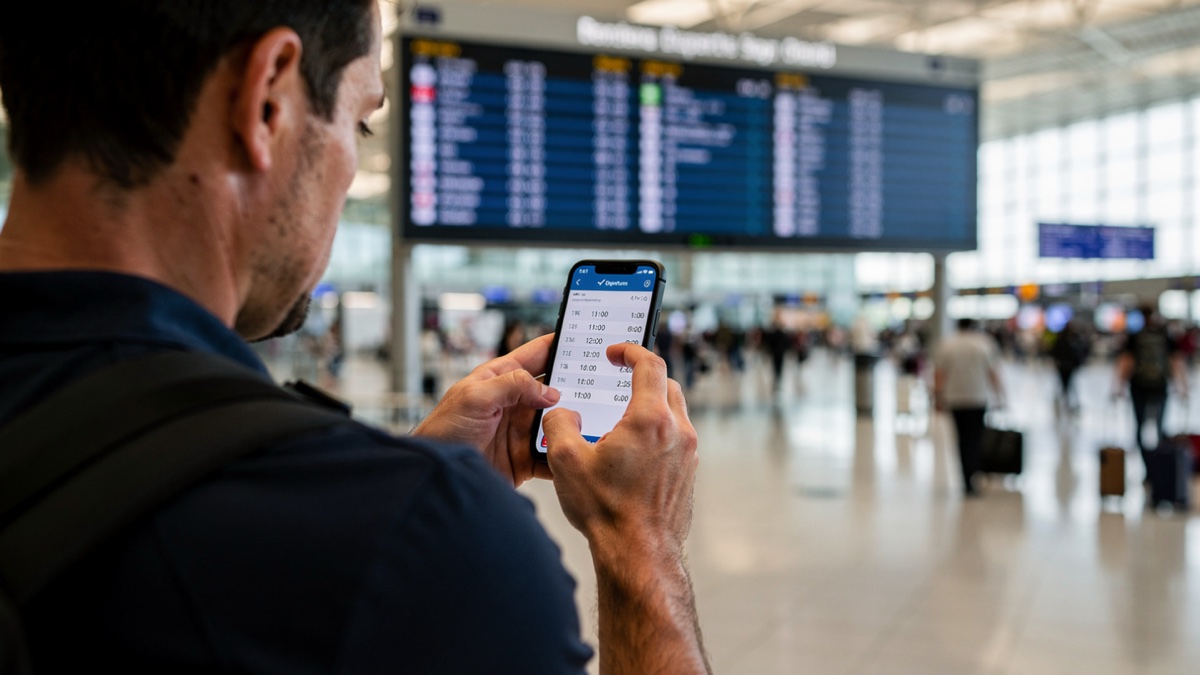 Viajante conferindo o horário do voo no celular diante do painel de partidas do aeroporto