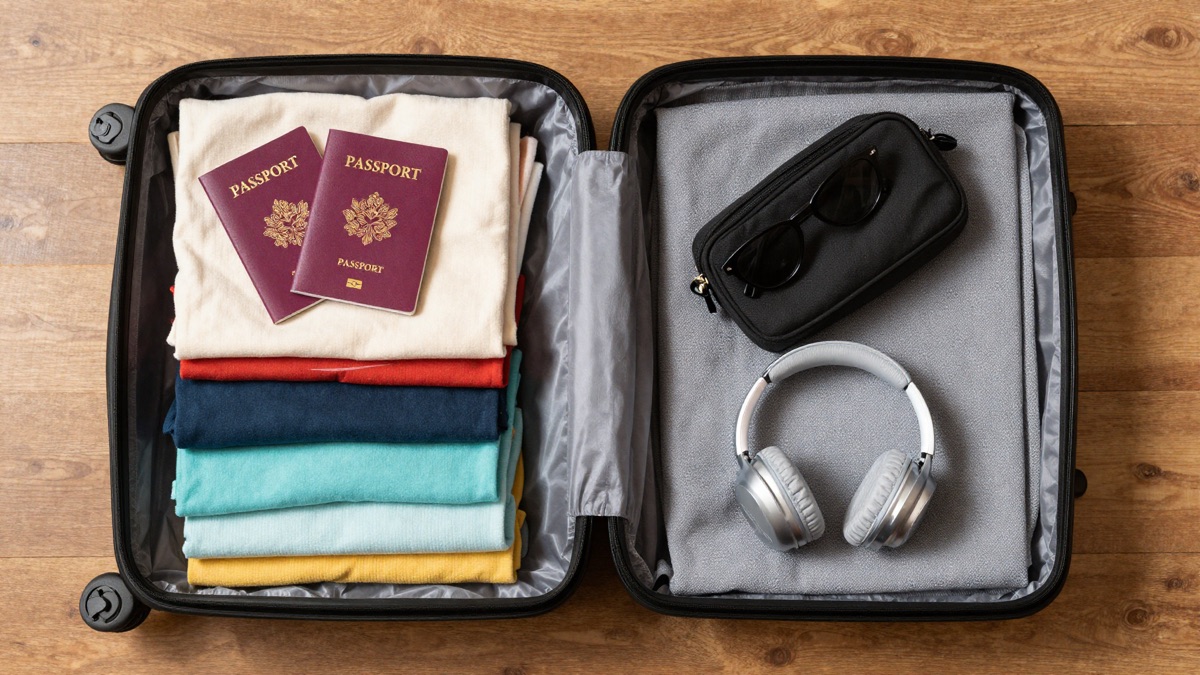 Mala de mão aberta e organizada com roupas dobradas e itens de viagem