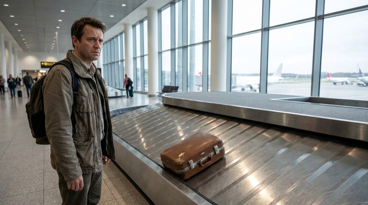 Passageiro observando a esteira de bagagens quase vazia no aeroporto