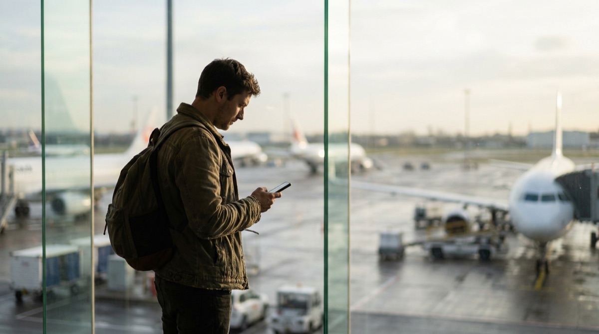 Viajante na janela do aeroporto consultando o celular com aviões ao fundo