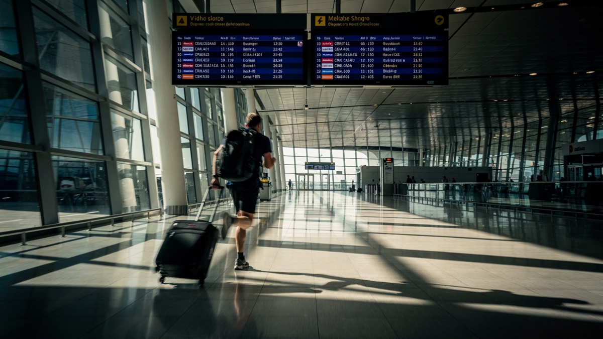 Passageiro correndo com mala de mão por corredor de aeroporto para pegar conexão