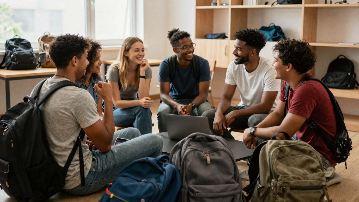 Grupo de jovens viajantes conversando e rindo numa sala de convivência de hostel