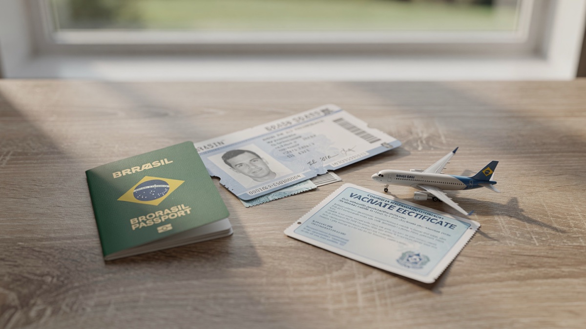 Passaporte, cartão de embarque e documentos de viagem organizados sobre mesa