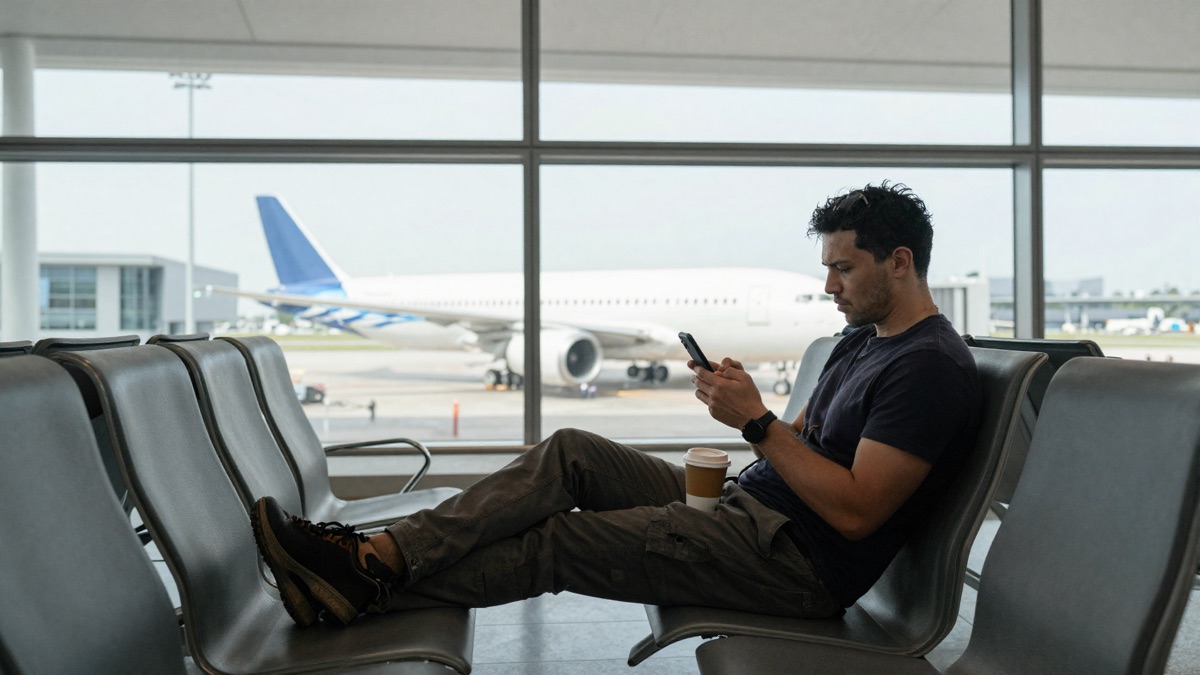 Viajante relaxando com um café e o celular na sala de embarque enquanto espera o voo