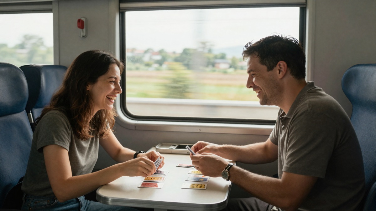 Casal rindo enquanto joga um jogo de cartas durante a viagem de trem