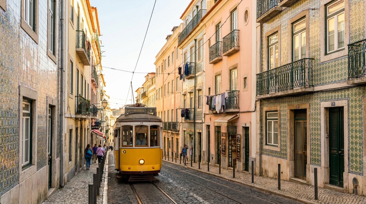 Bondinho amarelo subindo uma rua estreita de Alfama, em Lisboa, com fachadas de azulejos