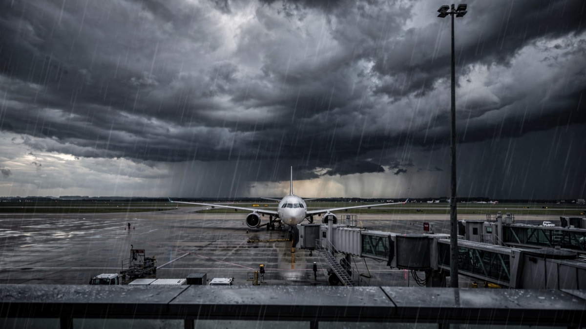 Avião no pátio do aeroporto sob tempestade com chuva forte vista da janela do terminal