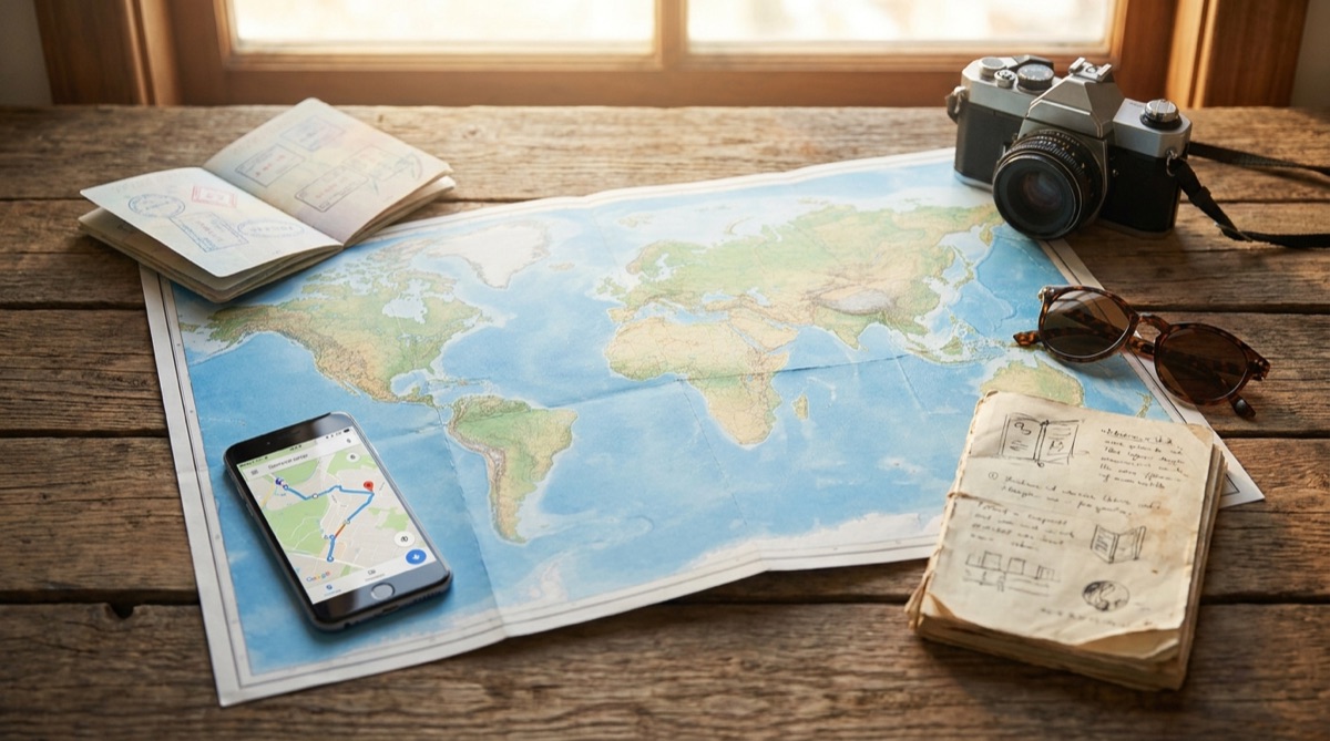Mesa de planejamento de viagem com mapa-múndi, celular, passaporte e câmera