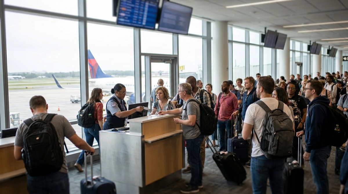 Passageiros aguardando no portão de embarque lotado de um aeroporto