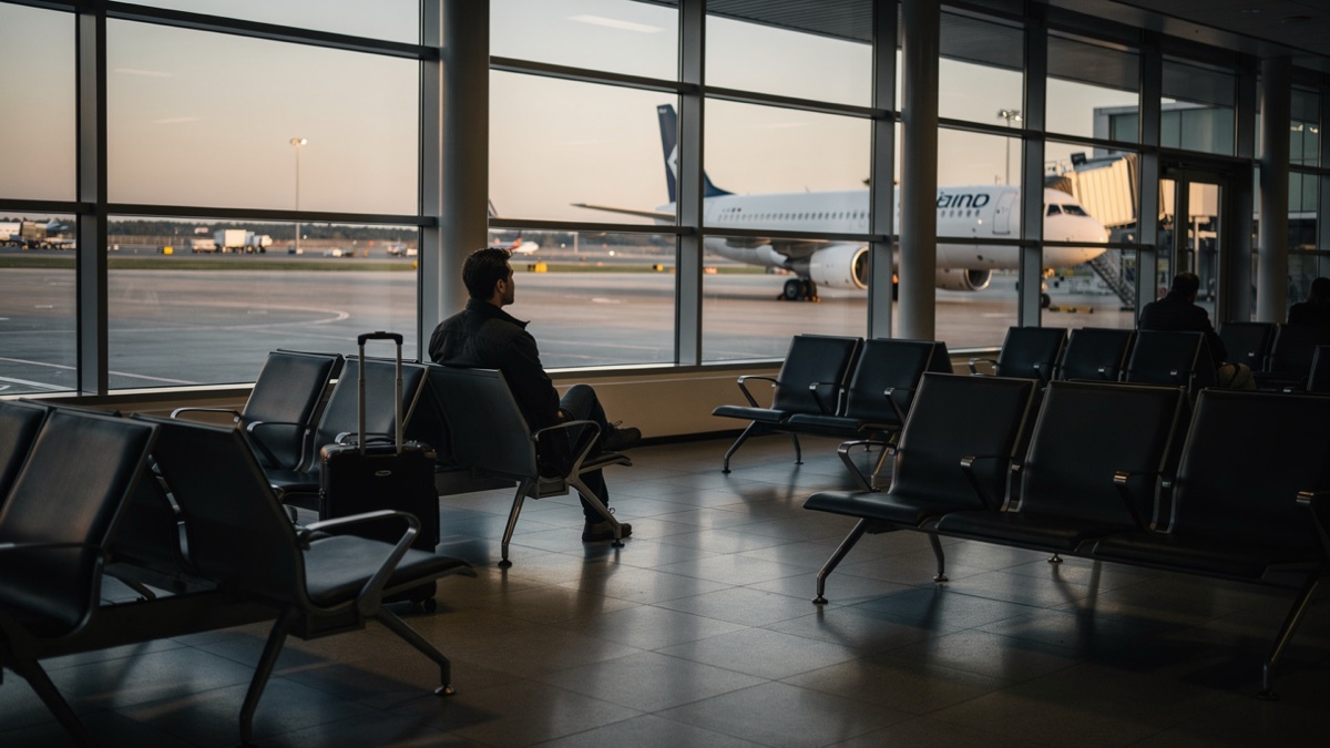 Passageiro preocupado no portão de embarque vazio observando avião taxiando pela janela