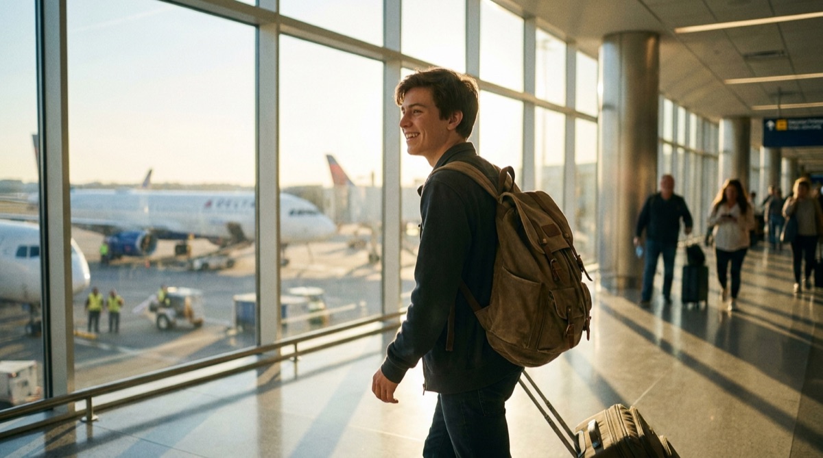 Jovem viajante animado com mochila e mala no terminal do aeroporto
