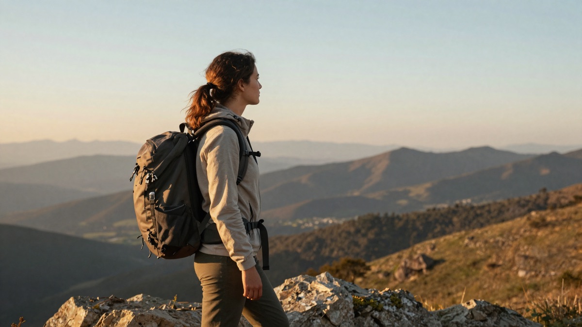 Mulher viajando sozinha admirando a paisagem de um mirante com mochila