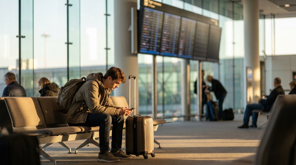 Passageiro esperando voo atrasado em sala de embarque